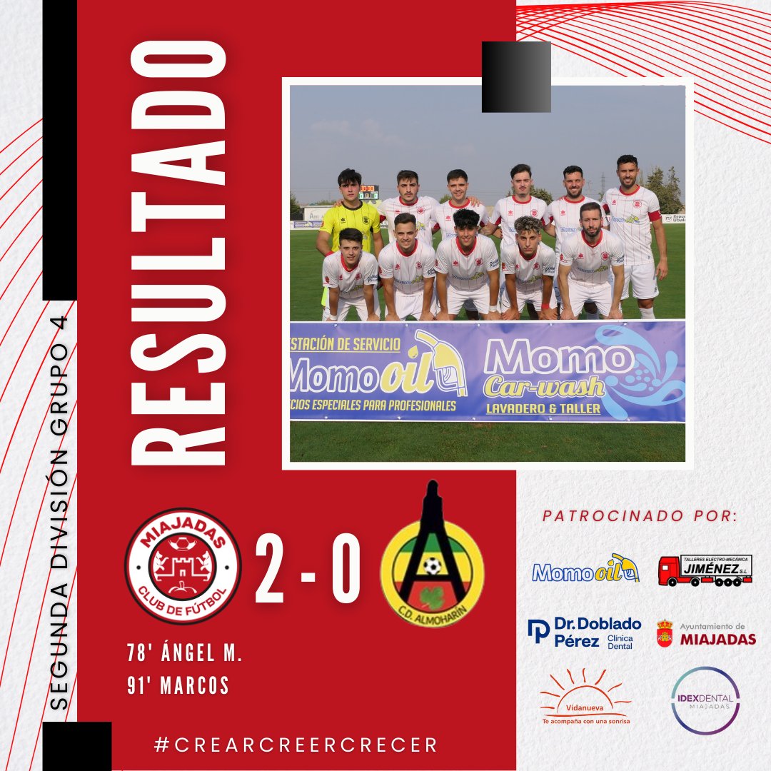 🛑 Final del partido de la jornada 1

<a href="/miajadascf/">Miajadas Club de Fútbol</a> 2 - 0 CD Almoharín
⚽️'78 Ángel Méndez
⚽️'91 Marcos

¡Buen viaje, nos vemos en la vuelta CD Almoharín! 😊

#VamosMiajadas 🤍❤️