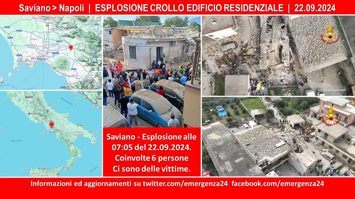 Emergenza24's tweet photo. UPDATE [22.09-20:00] #Saviano #Napoli  
#ESPLOSIONE (POSSIBILE FUGA GAS) #CROLLO STRUTTURALE EDIFICIO RESIDENZIALE 

CONTINUANO LE RICERCHE DELL'ULTIMA PERSONA DISPERSA

Bilancio provvisorio: 

3 morti (2 bambini e madre) 
2 feriti (1 bambino e padre)
1 #dispersa (nonna)

Informazioni e aggiornamenti: https://t.co/gl9wOAQXgo