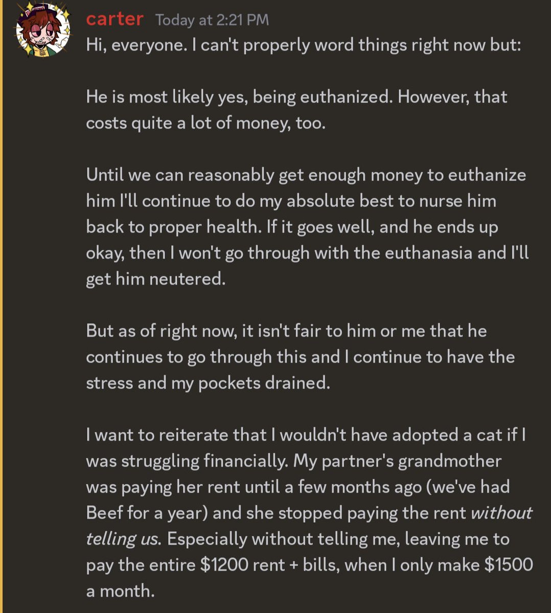 This is genuinely the final stretch. If we cannot get him through this and then get him neutered he will have to be euthanized. Please, please help. I don't want to but it genuinely seems like the best and kindest way to help him now. Please, we don't have long.