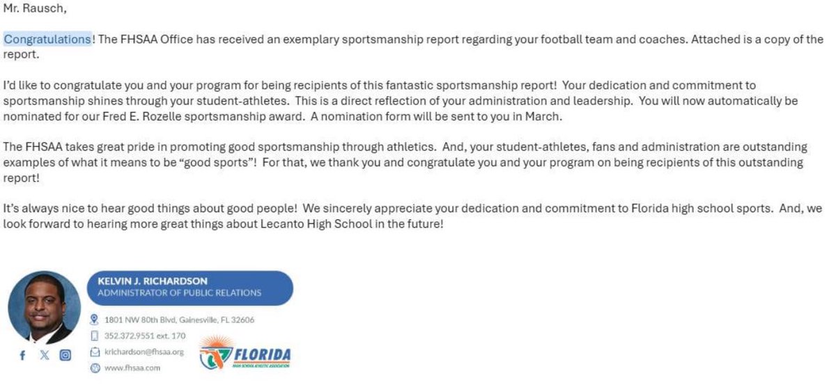 LHSPantherAth's tweet image. Panther Nation: Sometimes, we must stop &amp;amp; focus on the POSITIVE. This Sunday, I received an email from the FHSAA. It caused me to pause and realize that while we are not  perfect, our collective efforts are making a difference. Way to go Coach Scriven, staff, and student-athletes