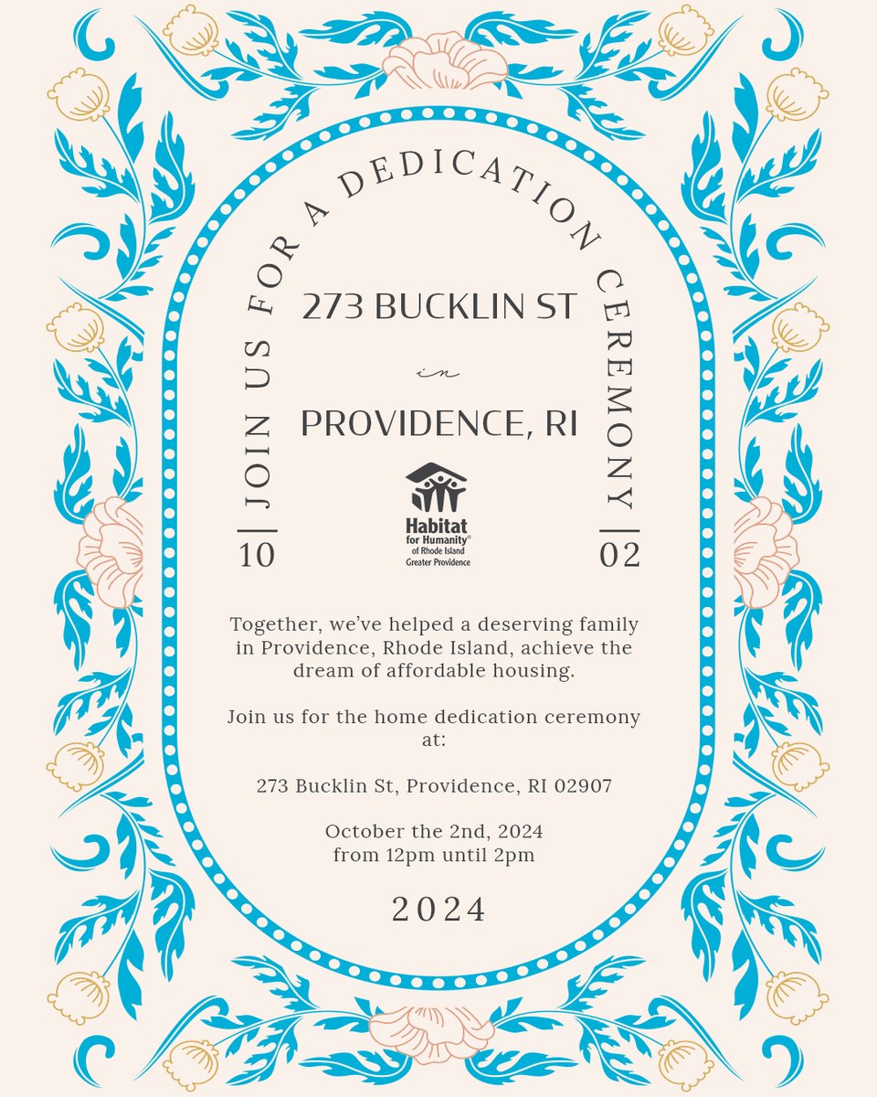 Join us on October 2, 2024, from 12-2 PM at 273 Bucklin St, Providence, RI, for a special home dedication ceremony! 🎉 

We're celebrating the hard work of our volunteers and donors in helping a local family achieve affordable housing. 🏡💙See you there!