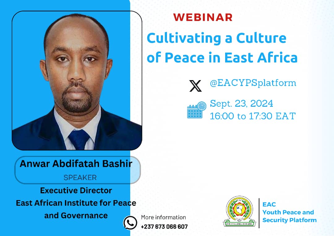 Our 1st panelist Mr. Anwar Abdifatah Bashir  for Monday's webinar discussion on 'Cultivating a Culture of Peace in East Africa.' Follow the discussions and get to know his impactful contributions to peace and stability in the region.  X Space Monday 23 4p. EAT  #PeaceForTheWorld