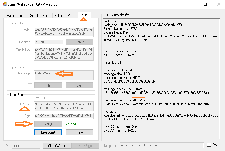 shn_noursalehi's tweet photo. ابزار Trust به کیف پول #Azim_Coin اضافه شد..

این ابزار ضمن کنترل Checksum انواع فایل های دانلود شده، میتواند پیام یا فایلهای عمومی شما را نیز امضاء کند. سرویس امضای عمومی با یک مرتبه صدور تراکنش on-chain در کیف پول شما فعال میشود..

@yashar_rashedi @Farjam_r https://t.co/aCG6QIx8EV