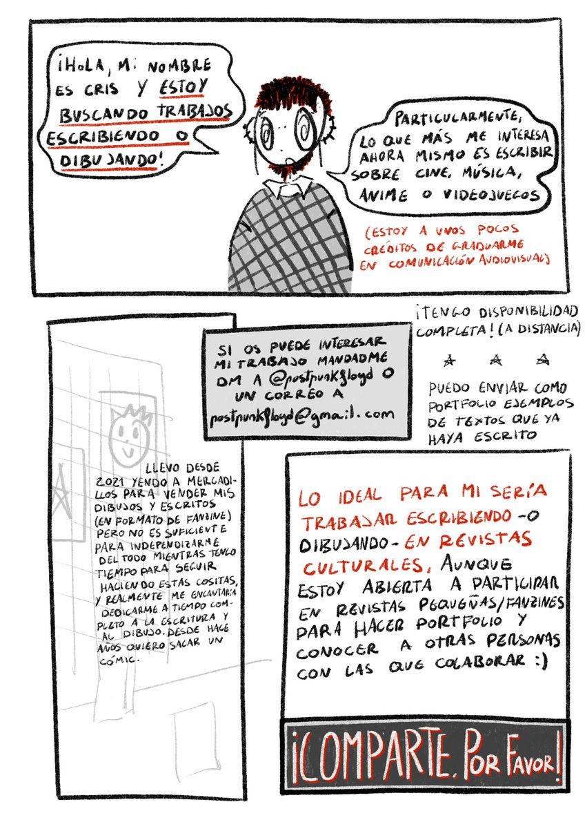 postpunkfloyd's tweet image. ‼️Busco trabajo escribiendo (o dibujando)
Sobre lo que más sé y más práctica tengo en hacer ensayos/reseñas/etc es sobre cine y anime, de los que tengo conocimientos bastante amplios.
Cualquier cosa escribidme, por favor
Y compartid todo lo que podáis todo el mundo ‼️