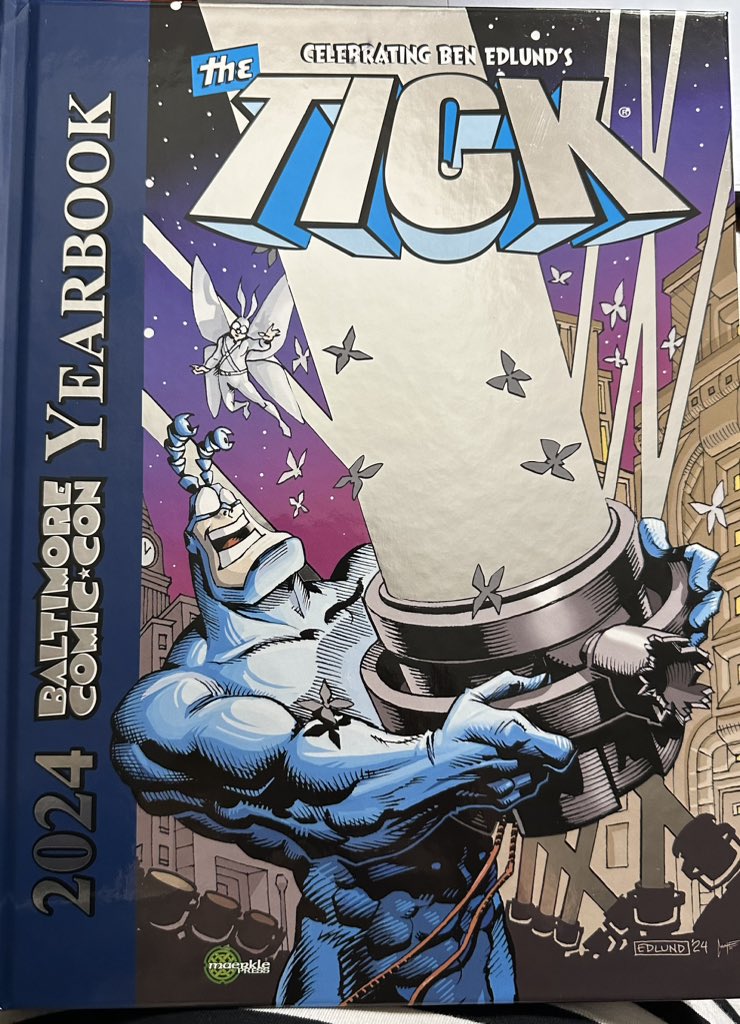 GabeCrate's tweet photo. Today is the last day you might pick up my contribution to the #BaltimoreComicon yearbook; a collaboration (I colored) with the amazing @ben_edlund. I’m not in attendance, not sure signing schedule, but if there’s time, say hello to Ben or @IanCNichols / @JeffMcClelland! #thetick https://t.co/Ev1SNq3plk