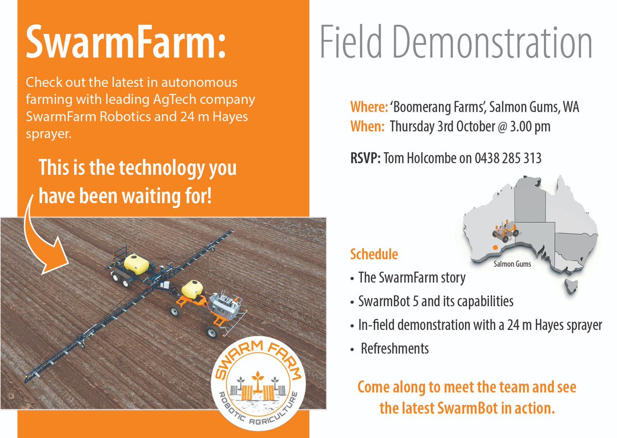 Get ready to witness the #FutureOfFarming in action!
Join us for an exhilarating field demonstration of the cutting-edge SwarmBot 5 coupled with an autonomous 24 m Hayes sprayer:
📍Salmon Gums, WA
📅Thursday, 3rd October @ 3 pm
Looking forward to seeing you there!
#FieldDay