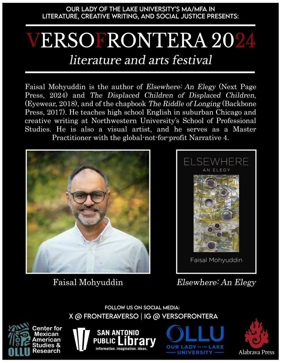 FronteraVerso's tweet photo. Excited to welcome Faisal Mohyuddin to #VersoFrontera! Poet, educator, and visual artist, he’ll be reading from his newest work, Elsewhere: An Elegy. Don’t miss this talented storyteller! 🎨📚 #LitFest #FaisalMohyuddin #Poetry #CreativeWriting https://t.co/L1CCbJJIwJ