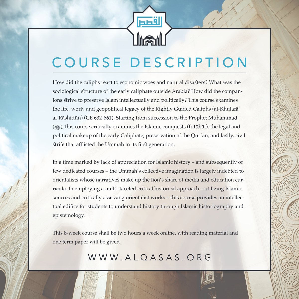 AlQasasOrg's tweet image. Taught by Dr. Jaan Islam, @jaanislam, this course will delve into history beyond the spectacular personalities of the Rightly Guided Caliphs, taking students across a complex landscape of military struggle, economic policies, natural disasters, and most importantly, the strong…