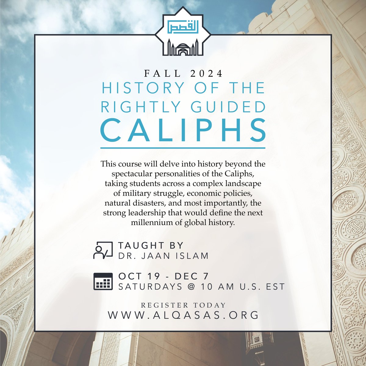 AlQasasOrg's tweet image. Taught by Dr. Jaan Islam, @jaanislam, this course will delve into history beyond the spectacular personalities of the Rightly Guided Caliphs, taking students across a complex landscape of military struggle, economic policies, natural disasters, and most importantly, the strong…