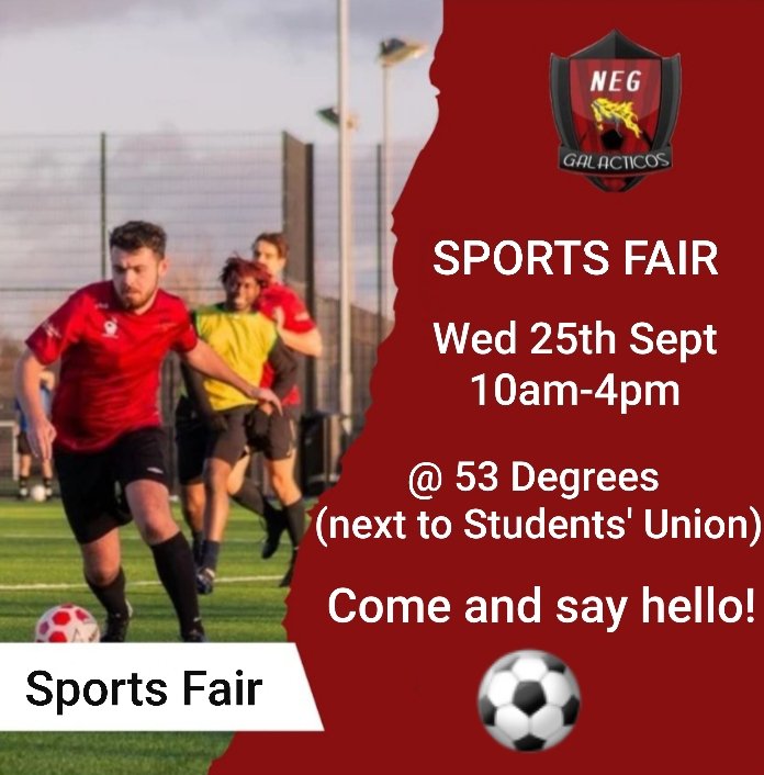 On Wednesday we will be at UCLan Sports Fair to tell people about NEG and what we can offer students this academic year and beyond.

We would really appreciate it if you could spread the word and share our details with anyone you know at UCLan.

Friends, family members, anyone ⚽️
