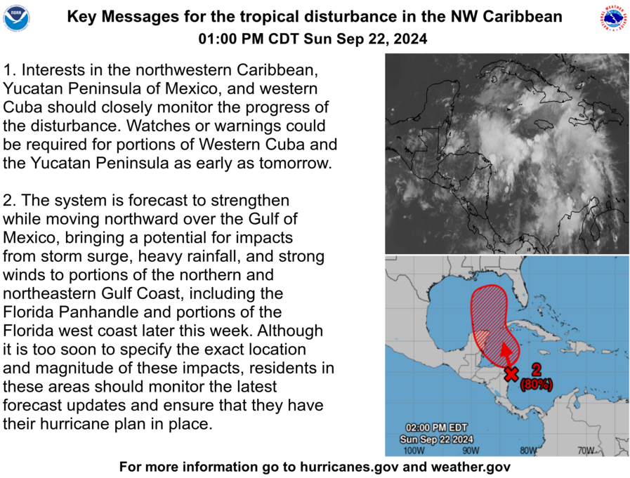 NHC_Atlantic's tweet photo. 1 PM CDT Sunday Key Messages on the disturbance in the NW Caribbean: Watches or warnings could be required for portions of western #Cuba and the #Yucatan Peninsula as early as Monday. Interests in the #Florida Panhandle and west coast of Florida should monitor the latest updates at https://t.co/Wq6ZtKgfeH
