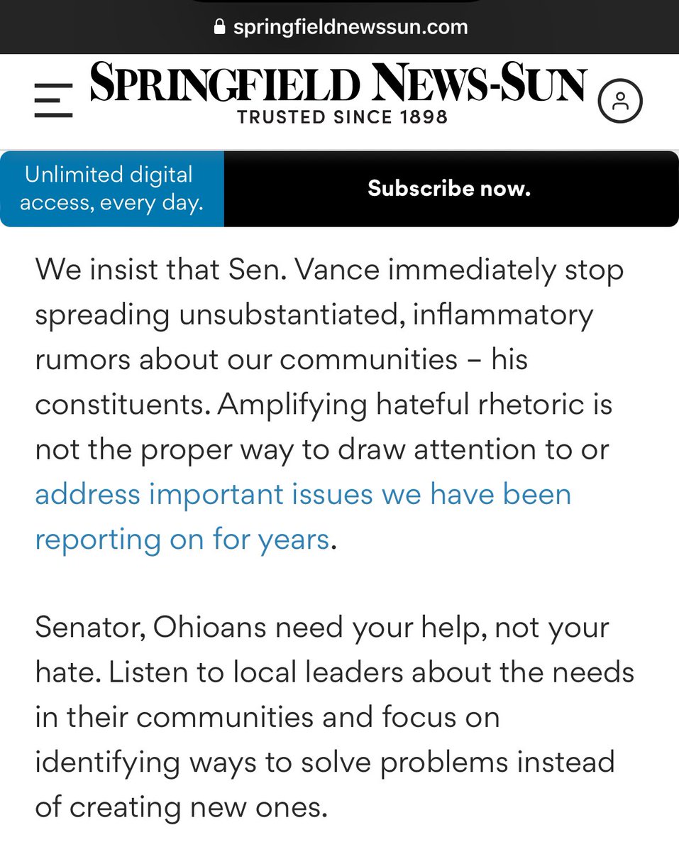 DC_DeWitt's tweet image. A @springfieldnews editorial on Ohio Sen JD Vance: “We believe his conduct over the past week is unbecoming of a U.S. Senator and violates the public’s trust in the esteemed office. His reckless disregard for truth has endangered members of our community.”
springfieldnewssun.com/ideas-voices/o…