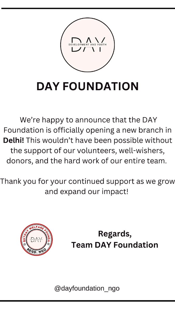 DAYfoundat008's tweet photo. 🚀 Exciting News: DAY Foundation Expands to Delhi!

We are thrilled to announce the opening of our new branch in Delhi, the Rajdhani of India*! 🎉 This incredible step wouldn’t have been possible without the unwavering support of our volunteers, donors, and well-wishers. https://t.co/HV42UBpZj1