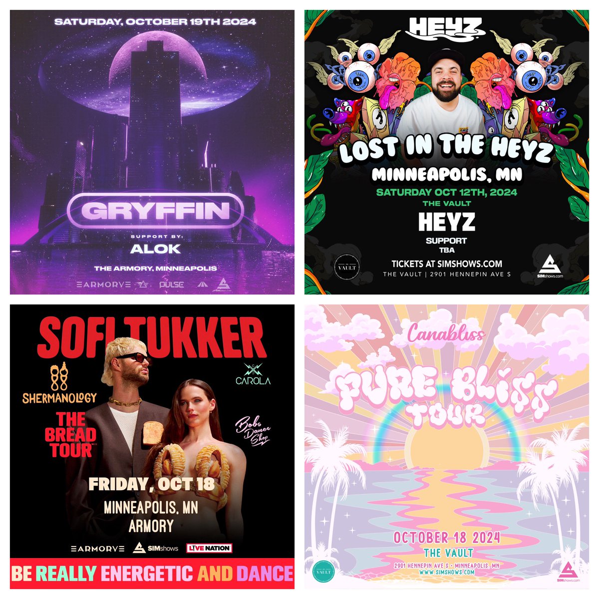 SIMshows's tweet image. 💎4-SHOW CONTEST🩵
One lucky winner will get a pair of tickets to all FOUR of these shows:
-Canabliss at The Vault
-Gryffin at The Armory
-Heyz at The Vault
-Sofi Tukker at The Armory

Qualify to win:
✅*like* &amp;amp; RT
