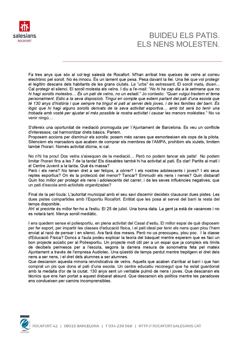 carme_vilella's tweet photo. Protegim els patis de les escoles. Protegim l'educació. Protegim l'esport escolar. Protegim la salut dels infants. @consorciedubcn @educaciocat @bcn_ajuntament @Bcn_Eixample @avstantoni @rac1 @som3cat @diariARA @SalesiansRoc @LaVanguardia @RTVECatalunya https://t.co/XTQJEw5jDN