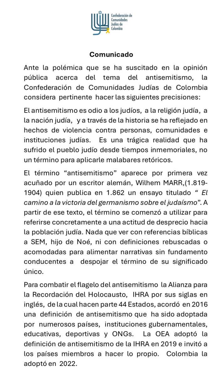 ccjcolombia's tweet photo. Comunicado de la CCJC acerca de  la polémica sobre antisemitismo. https://t.co/q8KwHWLXRz