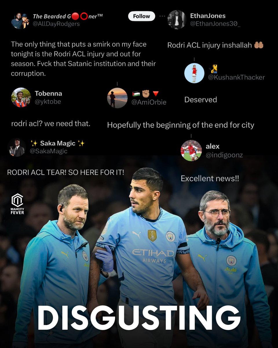 mancityfever2's tweet photo. This is utterly disgusting... Arsenal 'fans' are celebrating Rodri's injury - it could be a serious ACL injury, but it's unconfirmed yet. https://t.co/fTukZnkB7C