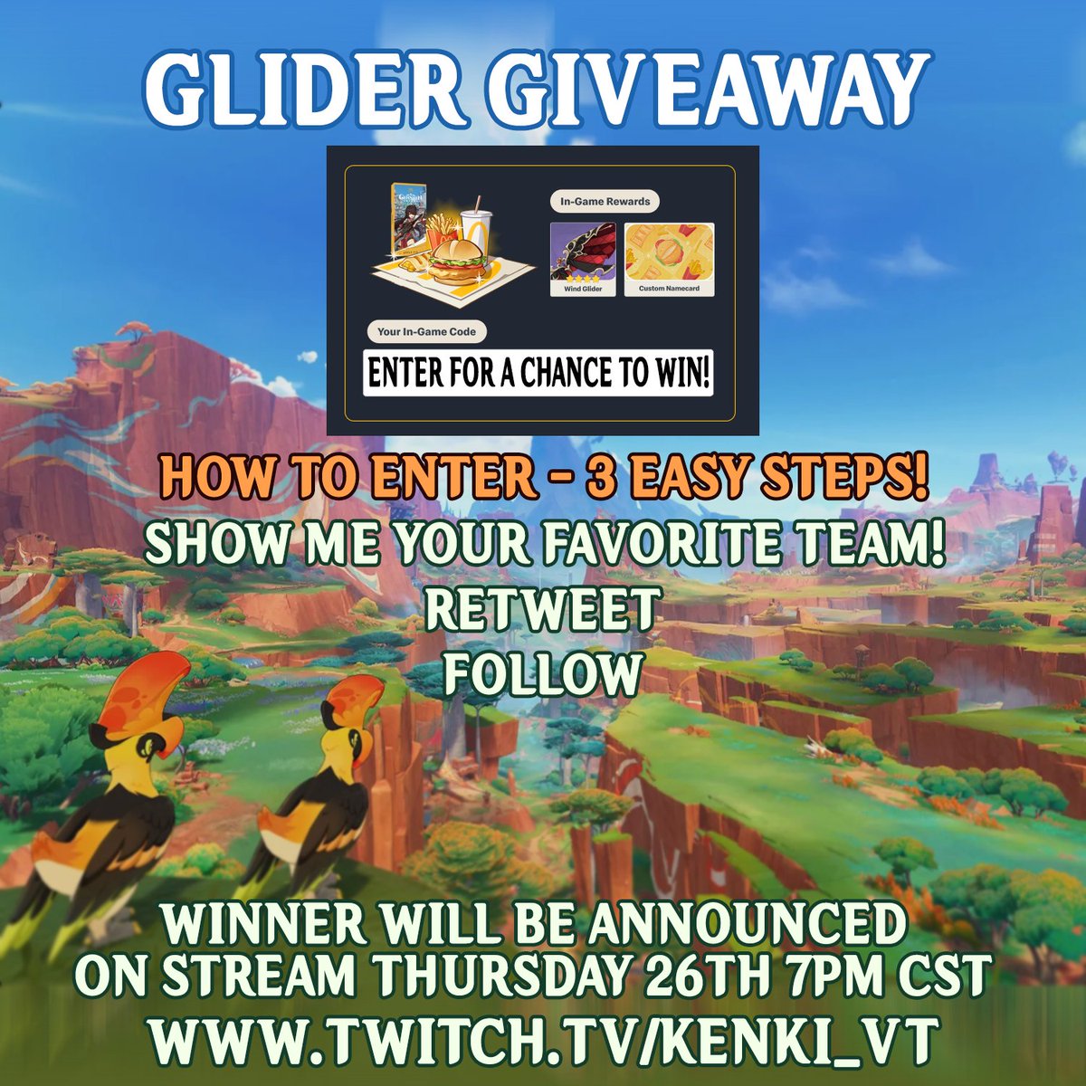 Kenki EN-PNGTuber (Pre-Debut+New Model hehehe) (@kenki_vt) on Twitter photo Mcdonalds x Genshin Glider+Namecard CODE Giveaway!
It'll run from NOW to the 26th THURSDAY!
To enter do the following!
+Follow me <a href="/Kenki_VT/">Kenki EN-PNGTuber🔞 (Pre-Debut+New Model hehehe)</a> 
+Retweet this post!
+Show me YOUR favorite team! Off-meta gets bonus points!
#GenshinImpact #GenshinApplePie #Genshin #vtuber Mcdonalds x Genshin Glider+Namecard CODE Giveaway!
It'll run from NOW to the 26th THURSDAY!
To enter do the following!
+Follow me <a href="/Kenki_VT/">Kenki EN-PNGTuber🔞 (Pre-Debut+New Model hehehe)</a> 
+Retweet this post!
+Show me YOUR favorite team! Off-meta gets bonus points!
#GenshinImpact #GenshinApplePie #Genshin #vtuber