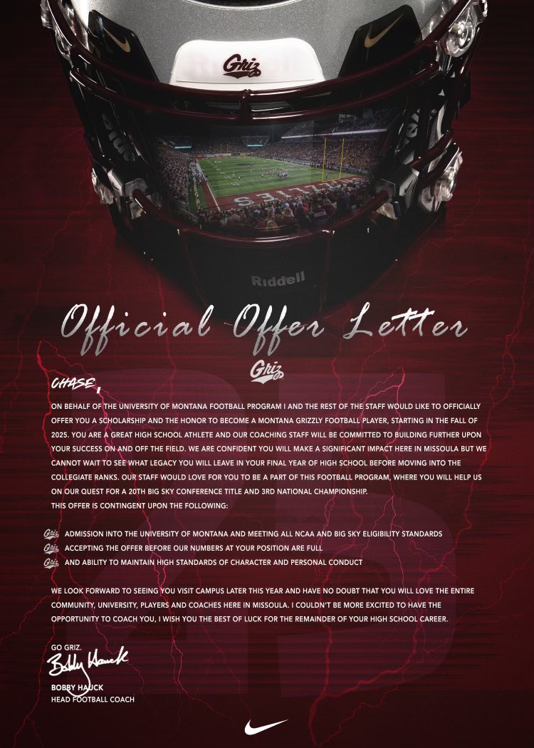 After a great conversation with Coach Phenicie, I am extremely blessed to receive an offer from the University of Montana‼️🐻
<a href="/MontanaGrizFB/">Montana Griz Football</a> <a href="/KeatonJ_3/">Keaton Johnson</a> <a href="/GrizCoachGreen/">Justin Green</a>