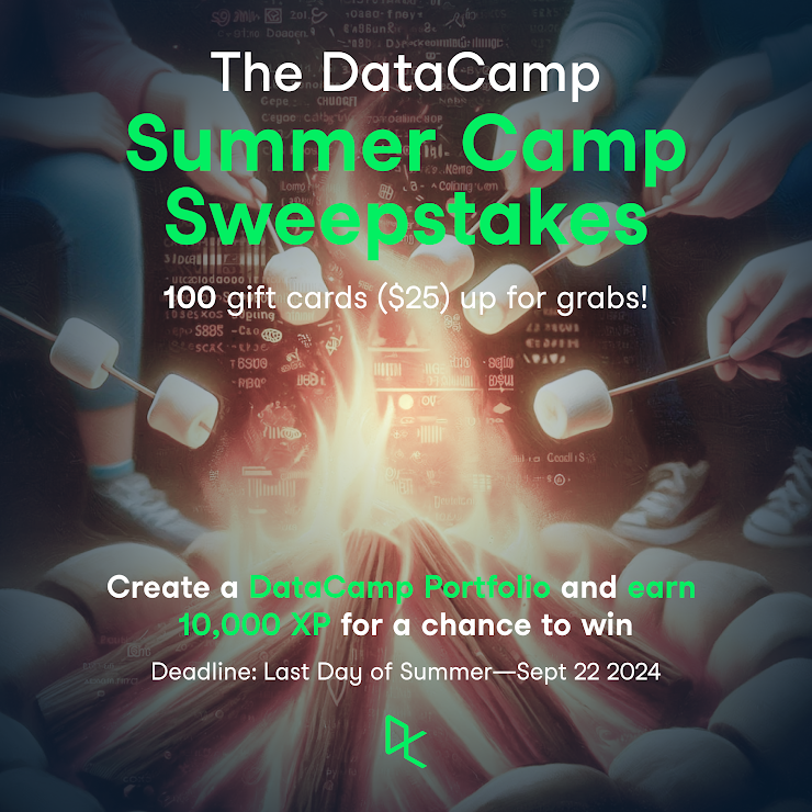 Calling #DCDonates and Classrooms learners! Join <a href="/DataCamp/">DataCamp</a>  Summer Camp Sweepstakes for a chance to win $25 gift cards.

All you need to do is continue on your data learning journey on DataCamp and complete your Portfolio.

More details to join! datacamp.com/blog/summer-ca…
#DCDonates