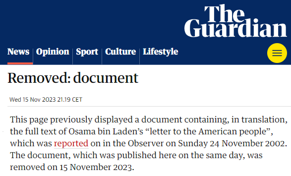 zei_squirrel's tweet photo. it remains utterly insane that The Guardian had a copy of Osama Bin Laden's "Letter to America" published for over two decades, then suddenly decided to delete it after October 7 because people started reading its sections on US funding and arming of genocidal Israeli crimes https://t.co/W5iizWQ7Sn