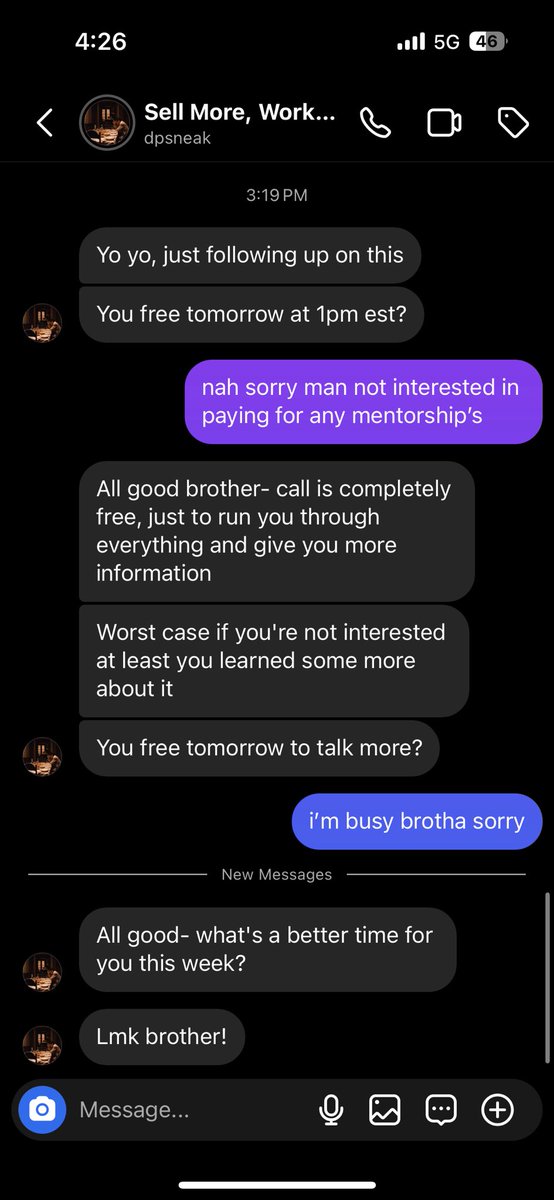 Borderline harassing people to try to sell them a $10,000+ mentorship wholesale course is wild

He boasts about how successful his sneaker “empire” is, yet resorts to these desperate used car salesman tactics all while vulturing off the success of bigger sellers