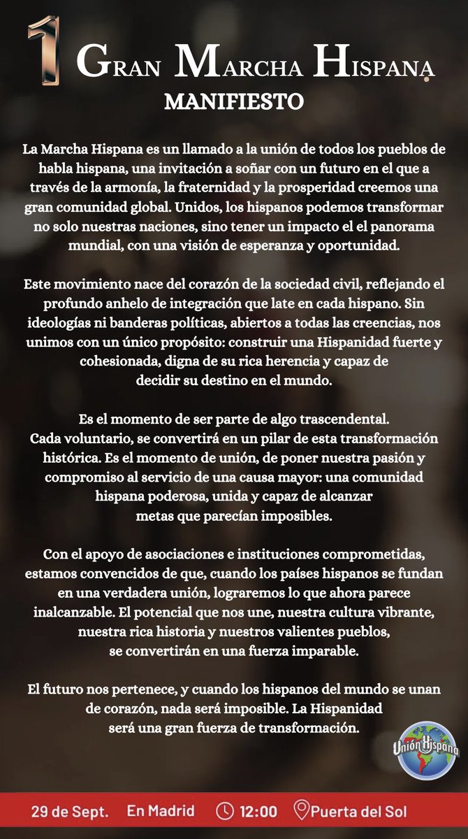 sonsolesqll's tweet photo. El 29 DE SEPTIEMBRE seremos multitud de voces unidas con una visión: la gran unión de los pueblos hispanos🌎🤝

Un llamado a la hermandad, prosperidad compartida y renacer de nuestra cultura, historia y futuro. Sin divisiones🌟

Sé parte de este momento único🇪🇸 🇲🇽 🇻🇪 🇨🇱🇵🇪 🇨🇴🇦🇷 https://t.co/vY7fU8BI2H