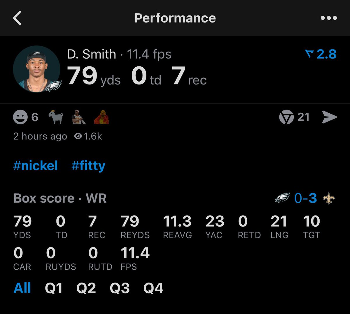PicksWithEnergy's tweet photo. WR1 SMITTY!!! 🔥🔥🔥

Early 4th Quarter Cash 🤑

7 receptions, 79 Receiving Yards , on 10 Targets 

Who cashed with me? LFG! 🥂

#GamblingTwitter #PrizePicks #Chalkboard #PlayerProps #NFL      #GamblingX #SportsBetting #DFS #FreePlays #PicksWithEnergy #SportsPicks #BettingTips #Bets #BestBets #NFLBets #NFLPicks #DeVontaSmith #Eagles