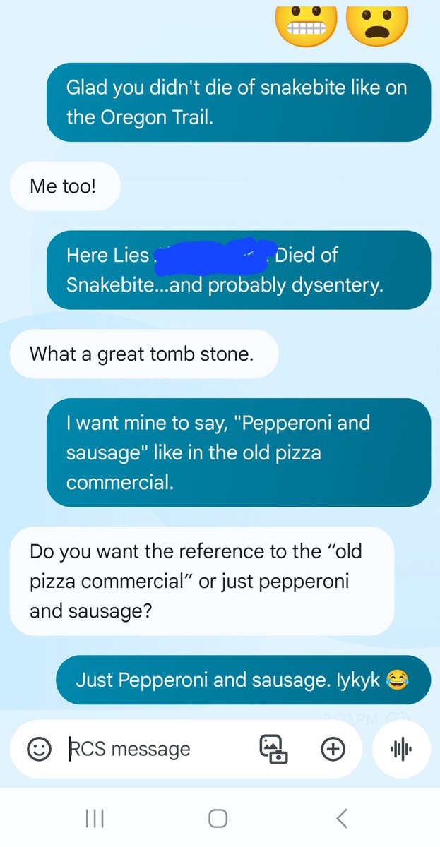 cklapp2's tweet photo. I love having silly conversations with my friends. This was after my friend almost gotten bitten by  copperhead on her hike today. 😂 #sillyconversations #TombstonePizza #oregontrail https://t.co/ibNR07c4yT