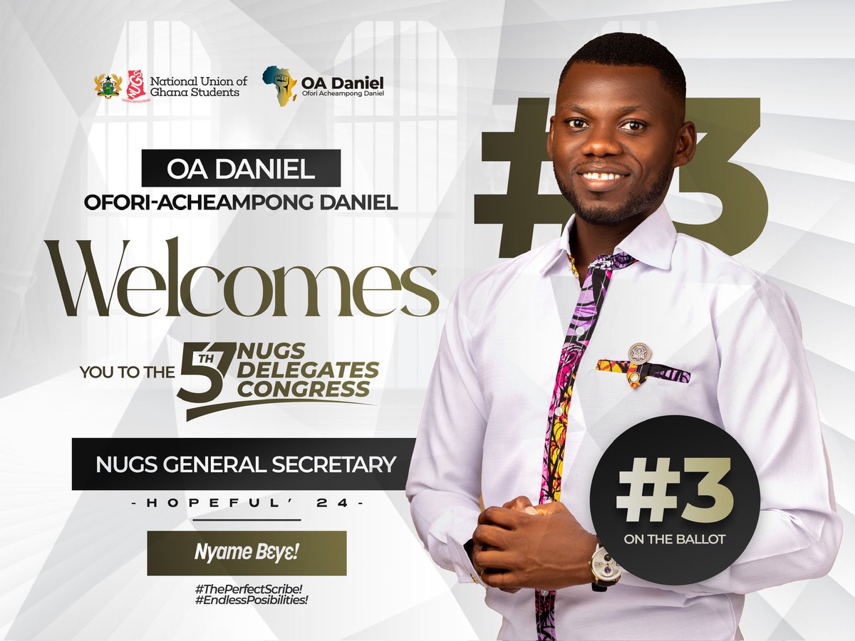 O_ADaniel's tweet photo. Dear Ghanaian Students,
It is with great pride and joy that I, Daniel Ofori-Acheampong, welcome you to the 57th National Union of Ghana Students (NUGS) Delegates Congress.

Long live NUGS, long live Ghana!

Regardless, Nyame Bɛyɛ!

#3️⃣
#NyameBɛyɛ
#theperfectscribe
#nugs24 https://t.co/8xXY2hDwPI