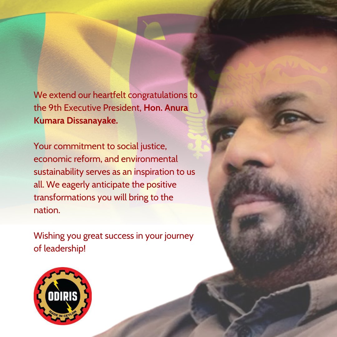 LkOdiris's tweet photo. ශ්‍රී ලංකා ප්‍රජාතාන්ත්‍රික සමාජවාදී ජනරජයේ 9 වන විධායක ජනාධිපති අනුර කුමාර දිසානායක මහතාට උණුසුම් සුබ පැතුම්. https://t.co/JFs8TrN5jN