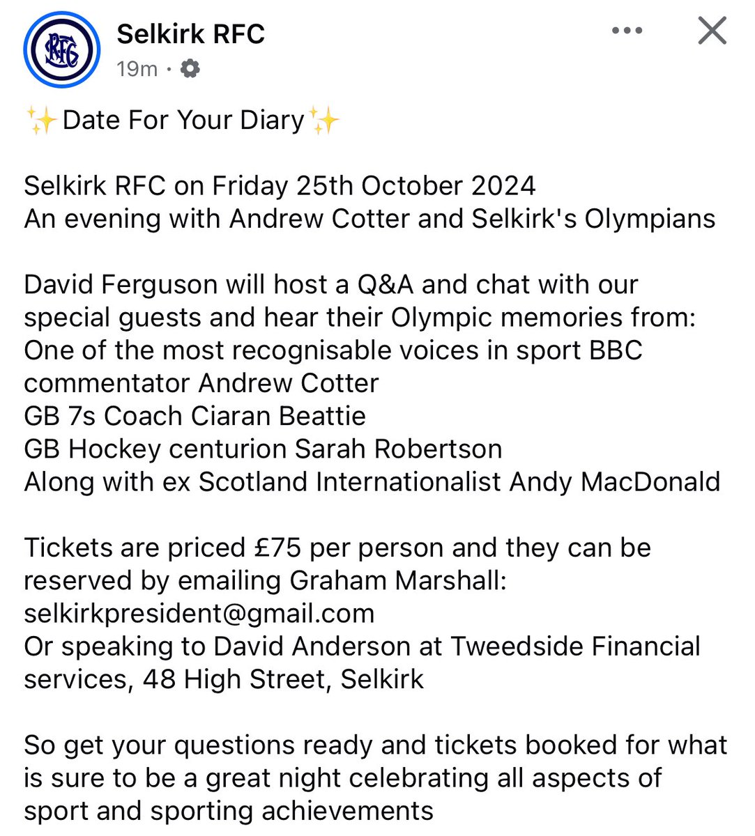 SelkirkRFCInfo's tweet photo. Selkirk RFC on Friday 25th October 2024
An evening with Andrew Cotter and Selkirk's Olympians. https://t.co/KJ4OKrf6BZ