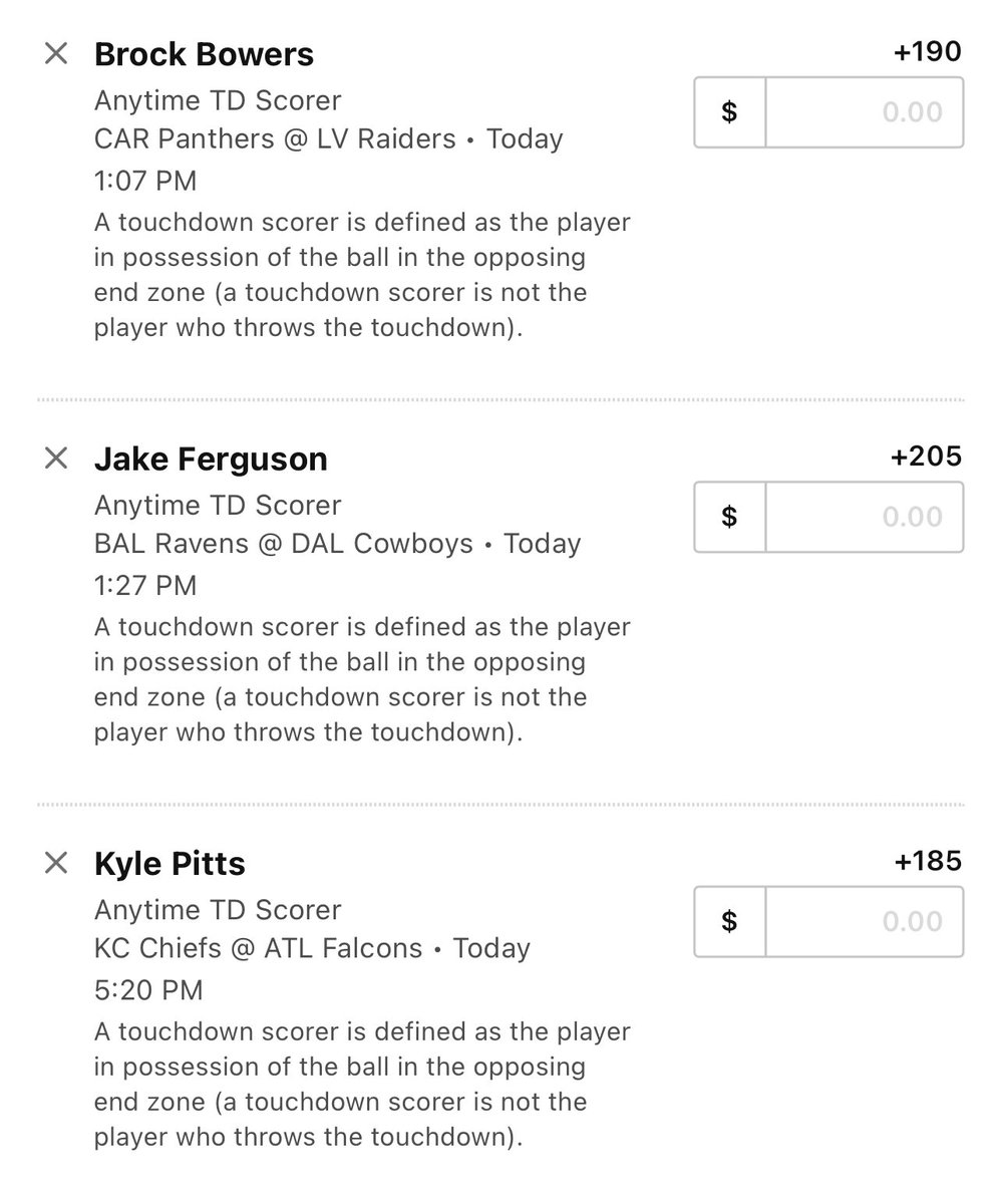 CPandaSports's tweet photo. NFL AFTERNOON FREE PLAYS🏈🧑‍🔬

Cardinals +3 (-110) 1u

TE TD ROUND ROBIN
- B. Bowers (+190)
- J. Ferguson (+205) 
- K. Pitts (+185) https://t.co/vglng2hUQk