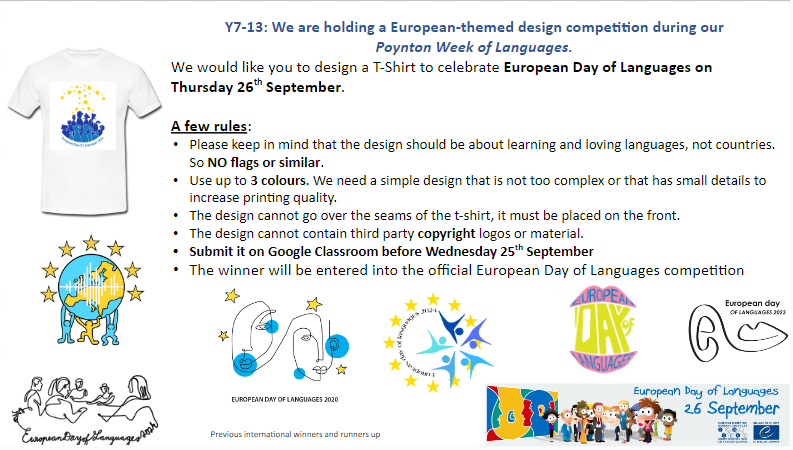 To help celebrate European Day of languages we are holding a house T-Shirt design competition. To enter please submit your entries to your Languages teacher or enter electronically via your google classroom pages. Submit before Wed 25th deadline! Best of luck #EDOL #house