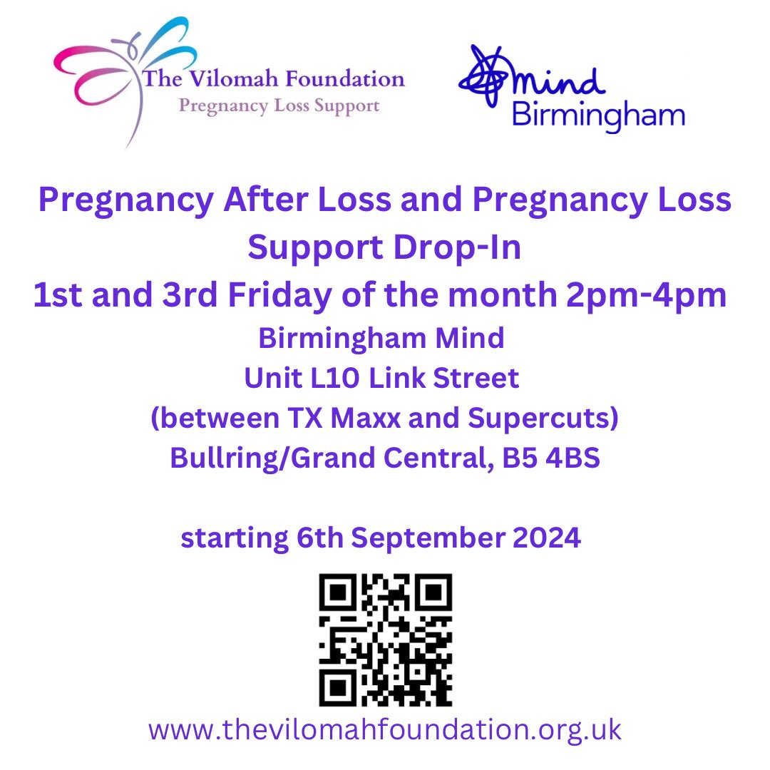 TheVilomah's tweet photo. We have begun our #dropin sessions with @BirminghamMind join us on the 1st & 3rd Fridays of the month for #PregnancyLoss #babyloss #pregnancyaftetloss #miscarriage #ectopicpregnancy #molarpregnancy #recurrentmiscarriage #secondtrimesterloss #pregnancyaftermiscarriage
#BrumHour https://t.co/kyO5t9p0yl