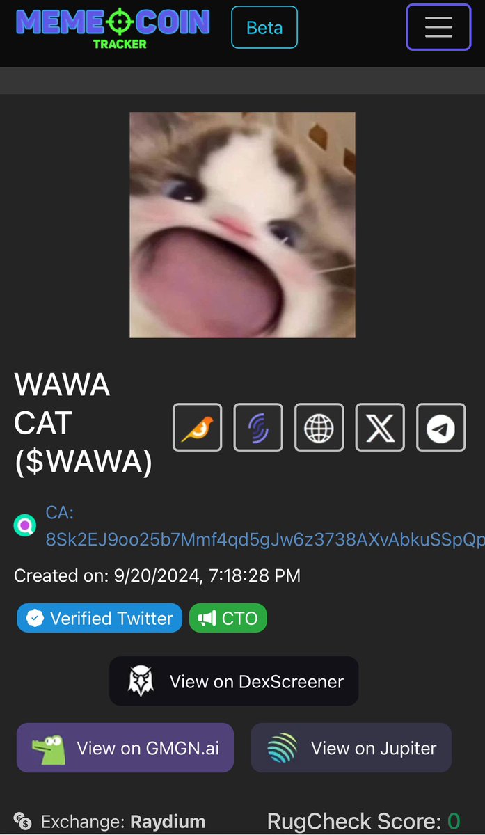 Chain_AlphaX's tweet photo. So today’s #memecoin of the day is Wawa Cat ($WAWA). Good liquidity, nice RagCheck score, attractive growth on twitter.
#Cryptocurency #Moonshot #memeoftheday #dex #memecointracker @Wawa_cto https://t.co/Ozhhe6Gfyg