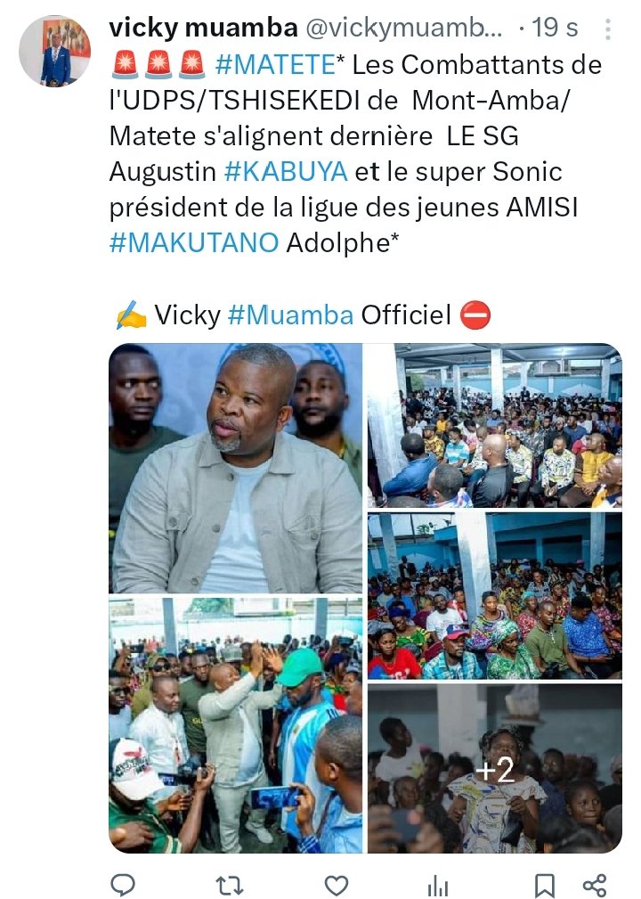 #Merci a la base de l'UDPS MATETE, pour l'accueil chaleureux réservés a notre hôte L'honorable Amisi #Makutano ce samedi 21 septembre 2024# à Matete, sans oublier tout les combattants venu de partout ‼️ Tenons bon, udps vaincra ✌️✍️ Vicky Muamba ⛔