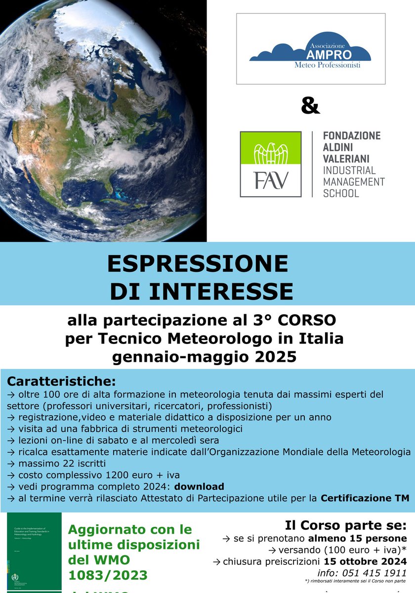 Sono aperte le ore iscrizioni!
#meteo #meteorologo #clima #tecnico #corso #lavoro <a href="/MeteoGiuliacci/">MG</a> <a href="/aametsoc/">Alpine-Adriatic Meteorological Society</a> <a href="/Meteorobytweet/">Meteoroby</a> <a href="/MeteoSvizzera/">MeteoSvizzera</a> <a href="/WMO/">World Meteorological Organization</a> <a href="/MeteoExpress/">Météo Express</a> <a href="/flash_meteo/">Consorzio LaMMA</a> <a href="/met_serenissima/">Serenissima Meteo</a> <a href="/meteo_roma/">meteoroma</a> <a href="/meteoblue/">meteoblue</a> <a href="/MeteoCaprinoVr/">Meteo Caprino Vr</a> <a href="/meteobassano/">meteobassano</a> <a href="/MeteoLIMET/">LIMET</a> <a href="/MeteoMartait/">Meteo Marta</a> <a href="/MeteoMuggia/">Meteo Muggia</a>