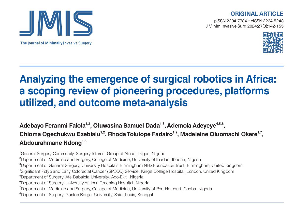 This work is now published open access in the Journal of minimally invasive surgery 🎉✨

It is the first study on the status and outcomes of robotic surgery in Africa ⚡️ 

Congratulations to all the authors
<a href="/SIGAFofficial/">SIGAf</a> 

Check it out here 🚀
pubmed.ncbi.nlm.nih.gov/39300723/