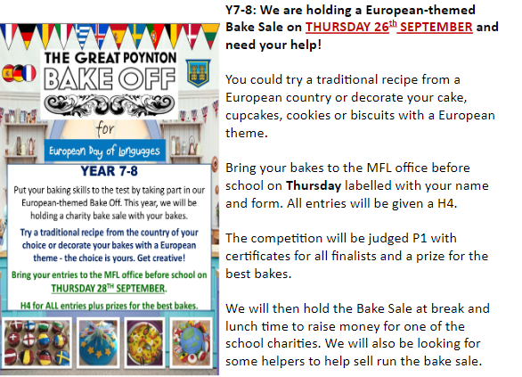 The Great Poynton Bake off  house competition in conjunction with the European day of languages will be held on Thursday 26th September. Please see all the information below on how to get involved. Best of luck for all those students who enter #bakeoff #bakesale #poyntonhigh