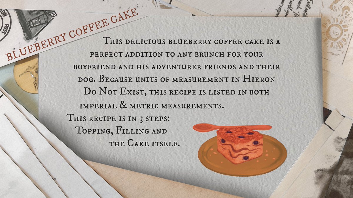 Katie Diekhaus. “Blueberry Coffee Cake”, 2024. In A Chaotic Cataloging: A Seasons of Hieron Fanzine.

Find Katie @katiediek on twitter/cohost! Art by <a href="/karinh_art/">Karin Hammarsten</a> on twitter &amp; karinhart on tumblr/cohost!

Preorder YOUR zine at crowdfundr.com/HieronZine #friendsatthetable #hieronzine