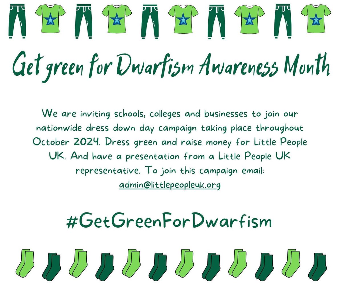 #DwarfismAwarenessMonth is almost upon us! 

Get green throughout October and have a presentation from one of us at LPUK!💚💚 We can’t wait to meet you all! 

You can find our template letter here for writing to your school or business- drive.google.com/file/d/1rFJ4_e…