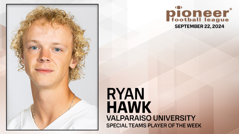 Pioneer Football (@pflnews) on Twitter photo PFL Special Teams Player of the Week
<a href="/valpoufootball/">Valpo Football</a> kicker Ryan Hawk scored 11 points and made three field goals in a win against Roosevelt. PFL Special Teams Player of the Week
<a href="/valpoufootball/">Valpo Football</a> kicker Ryan Hawk scored 11 points and made three field goals in a win against Roosevelt.