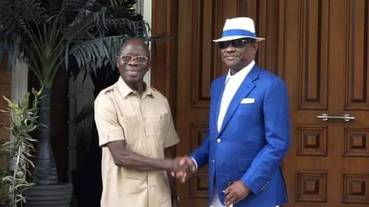 DatArewaBabe's tweet image. Oshiomhole is dark and Wike is wearing blue.
Obaseki's nightmares