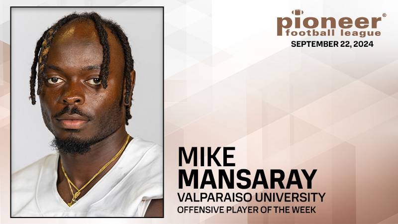 Pioneer Football (@pflnews) on Twitter photo PFL Offensive Player of the Week
<a href="/valpoufootball/">Valpo Football</a> running back Mike Mansaray had two touchdowns, including the overtime game-winner, in the Beacons’ 31-23 double-overtime win PFL Offensive Player of the Week
<a href="/valpoufootball/">Valpo Football</a> running back Mike Mansaray had two touchdowns, including the overtime game-winner, in the Beacons’ 31-23 double-overtime win