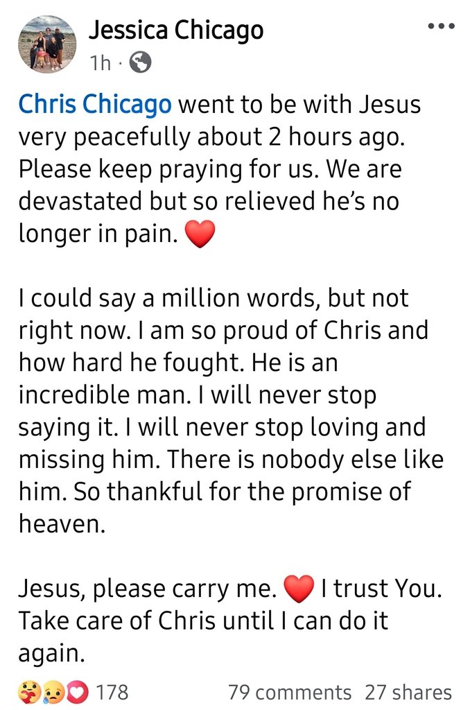 SOFLOWRADIO's tweet photo. Our founder, friend &amp; brother @TheChrisChicago went to be with Jesus today! Words cannot express our saddness for Jess &amp; the kids! Our heart aches! May the Lord wrap His Loving Arms around them and give them the strength they need through this difficult time! Please Pray! 🙏🏻 https://t.co/47JvFrBfoF