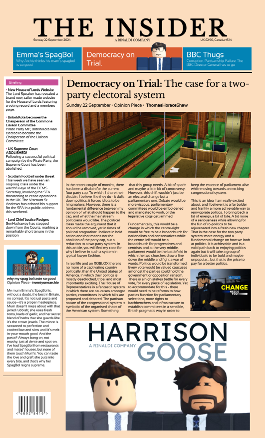 TheInsiderRX's tweet photo. 🗳️ Democracy on Trial: The case for a two-party electoral system.

🔨 BBC Integrity under threat. Read this week's issue of the Insider below:

https://t.co/wOswsmXXv4 https://t.co/a40KBsRisS