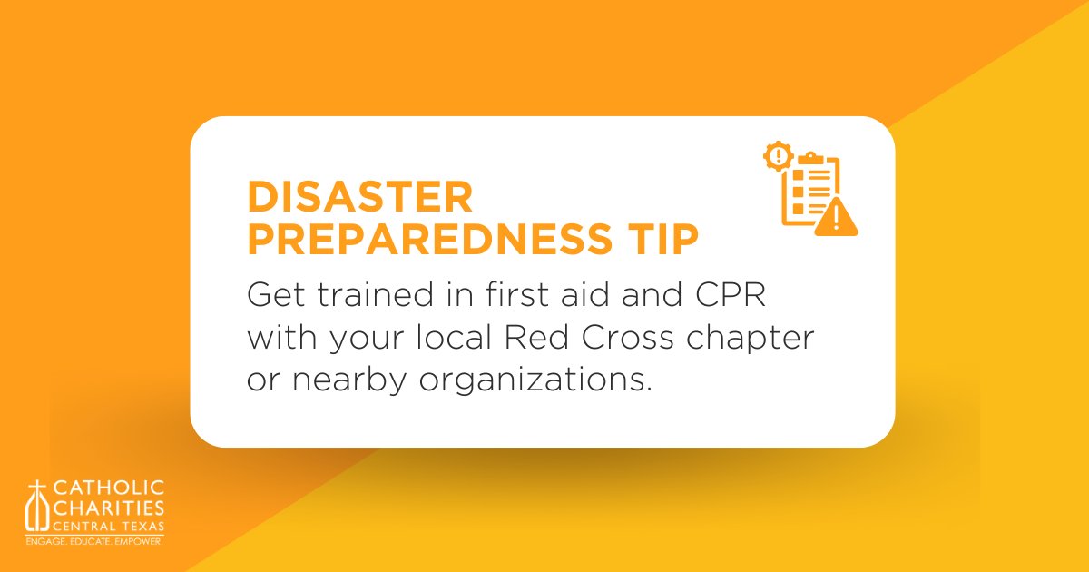 CCcentraltexas's tweet photo. 🚨Check out this month's Disaster Preparedness tip! Preparedness starts with knowing what to do! This month, take a moment to invest in your safety by learning first aid and CPR. These skills could make all the difference in an emergency! 💪 #DisasterPreparednessMonth #StaySafe https://t.co/BAj5GwcrpY