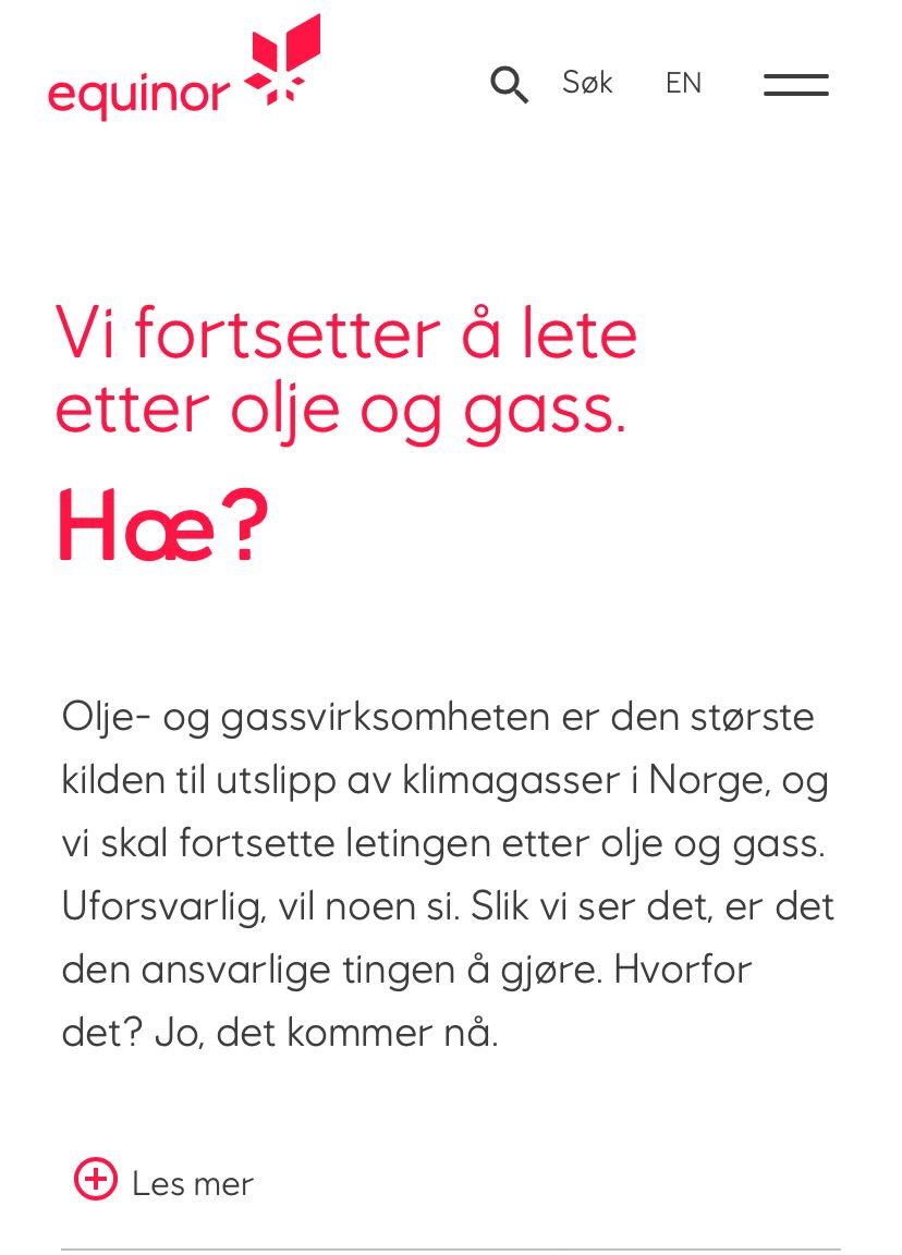 Den norske stats samlede eierandel i Equinor er 70,5%. 
Selskapet bruker millioner av kroner på politisk reklame for å bevare flertall på Stortinget for å få ture fram som før. 

Hæ?