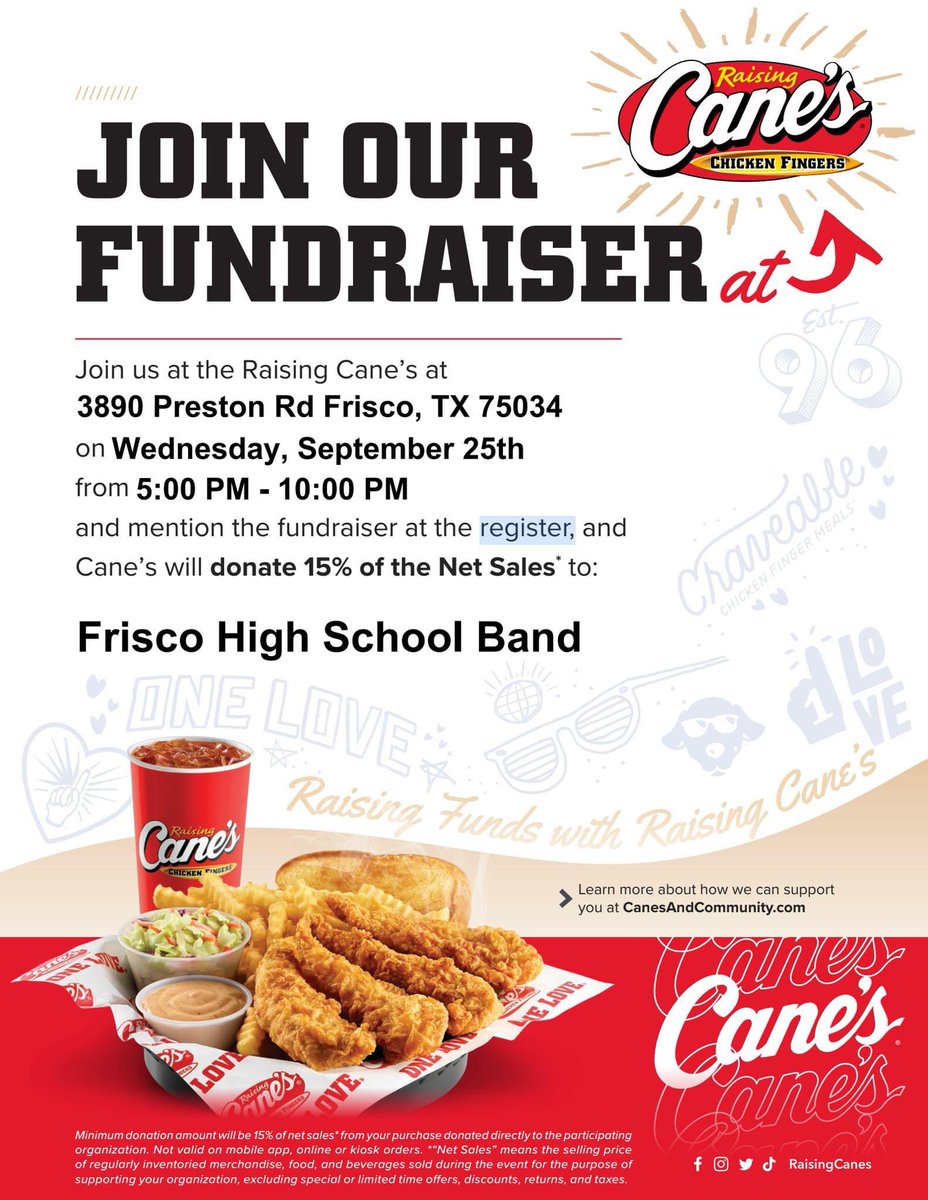 FHSBandBoosters's tweet photo. SPIRIT NIGHT ALERT
Date: Wednesday 9/25/2024 5:00PM-10:00PM
Location: Raising Cane's 
Address: 3890 Preston Road, Frisco, TX 75034 https://t.co/JOuwKwj2OO